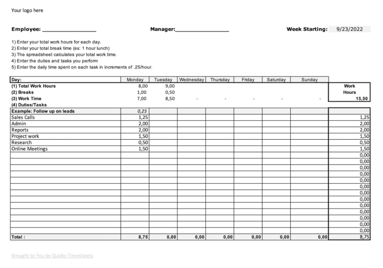 5 Excel Time Tracking Spreadsheet Templates - Quidlo