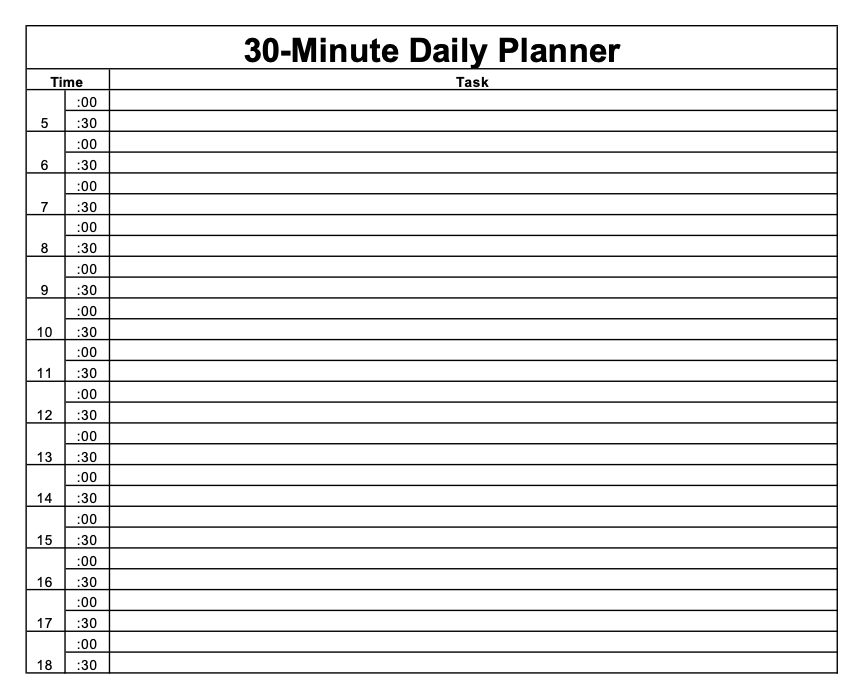printable daily schedule 15 minute increments pdf