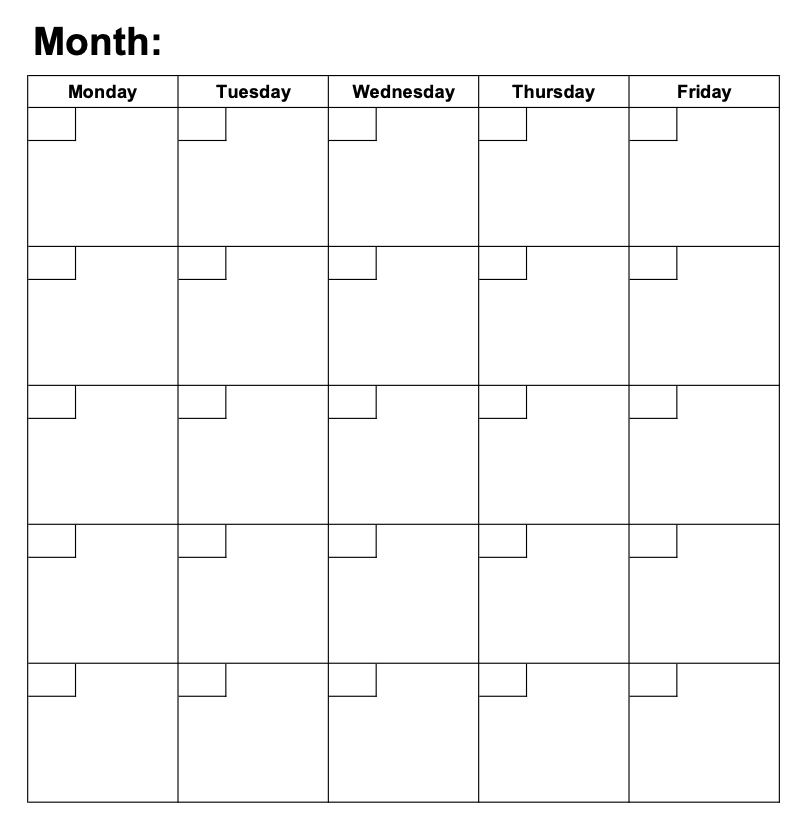 monday through friday calendar with times