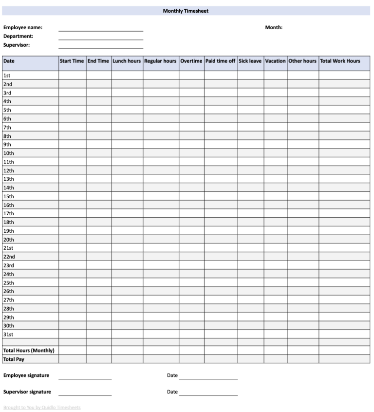 7 Free Timesheet Templates: Microsoft Excel, Google Sheets, PDF - Quidlo